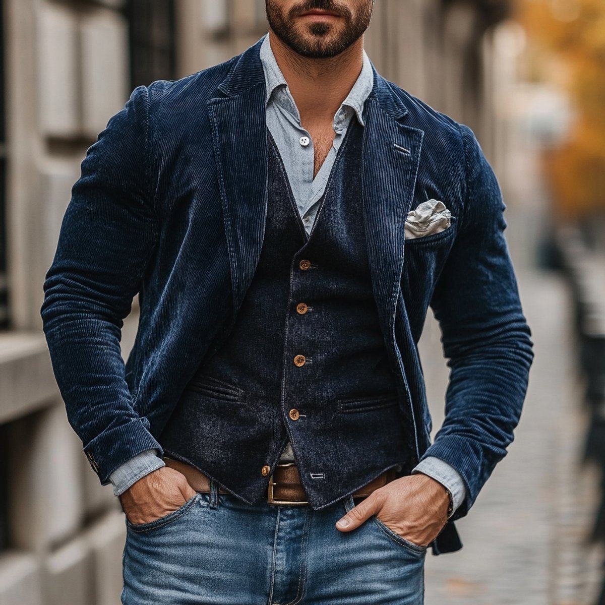 Mens Gilet Vintage Corduroy Blazer Waistcoat Set - Navy Blue