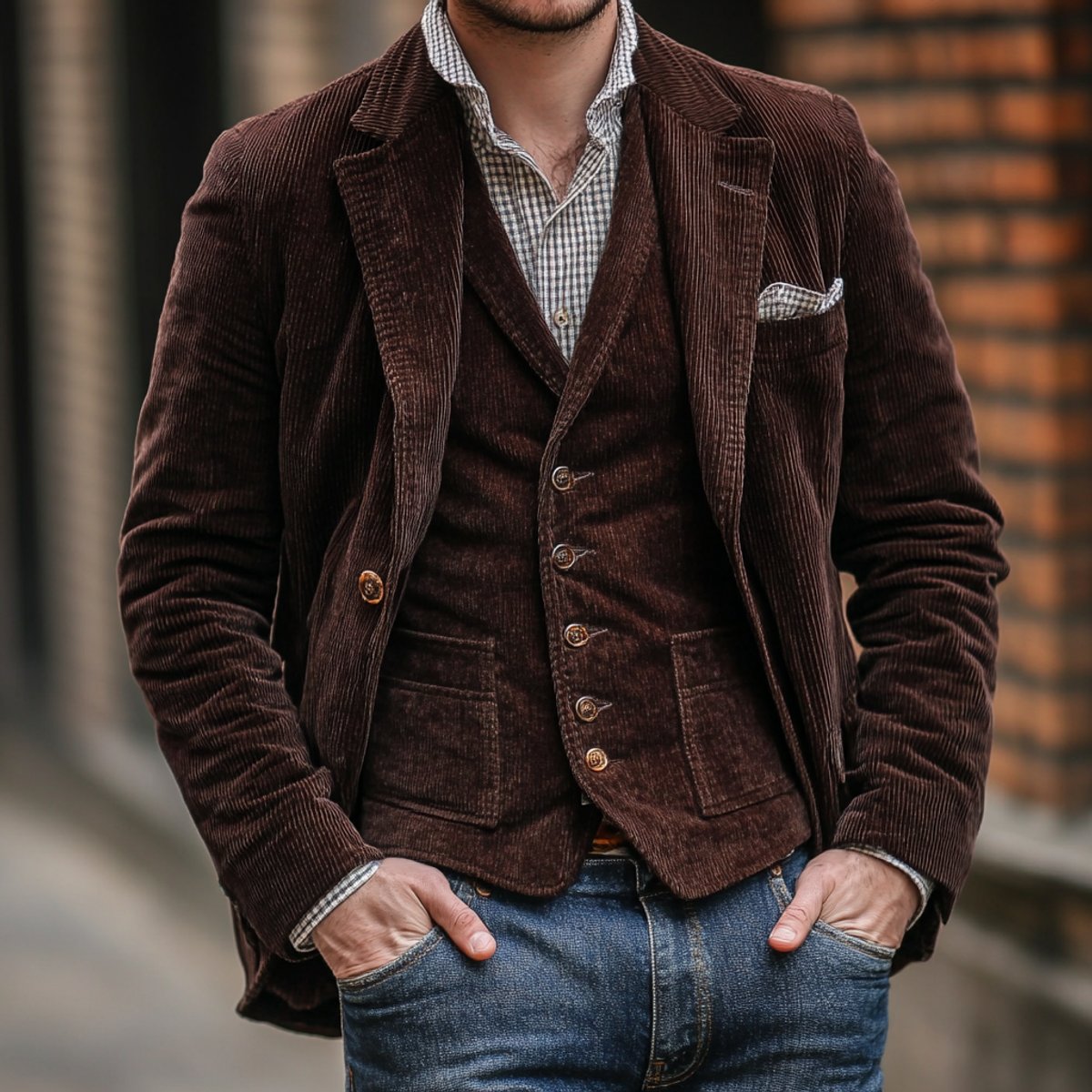 Mens Gilet Vintage Corduroy Blazer Waistcoat Set - Brown