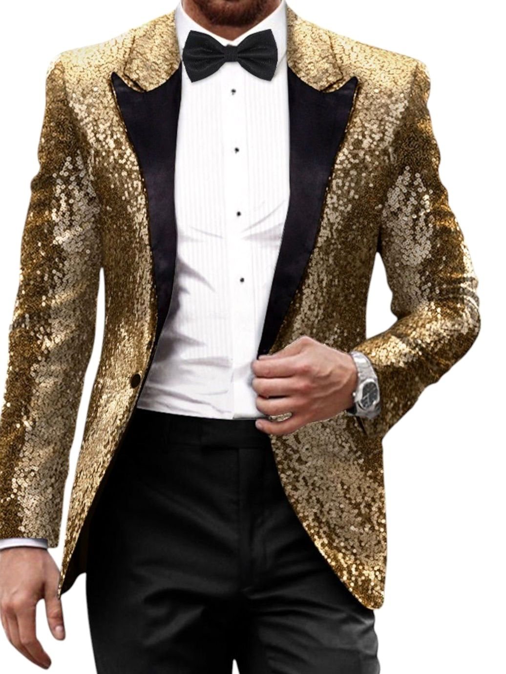 Men's Gold Sequin Peak-Lapel Evening Blazer - Gold