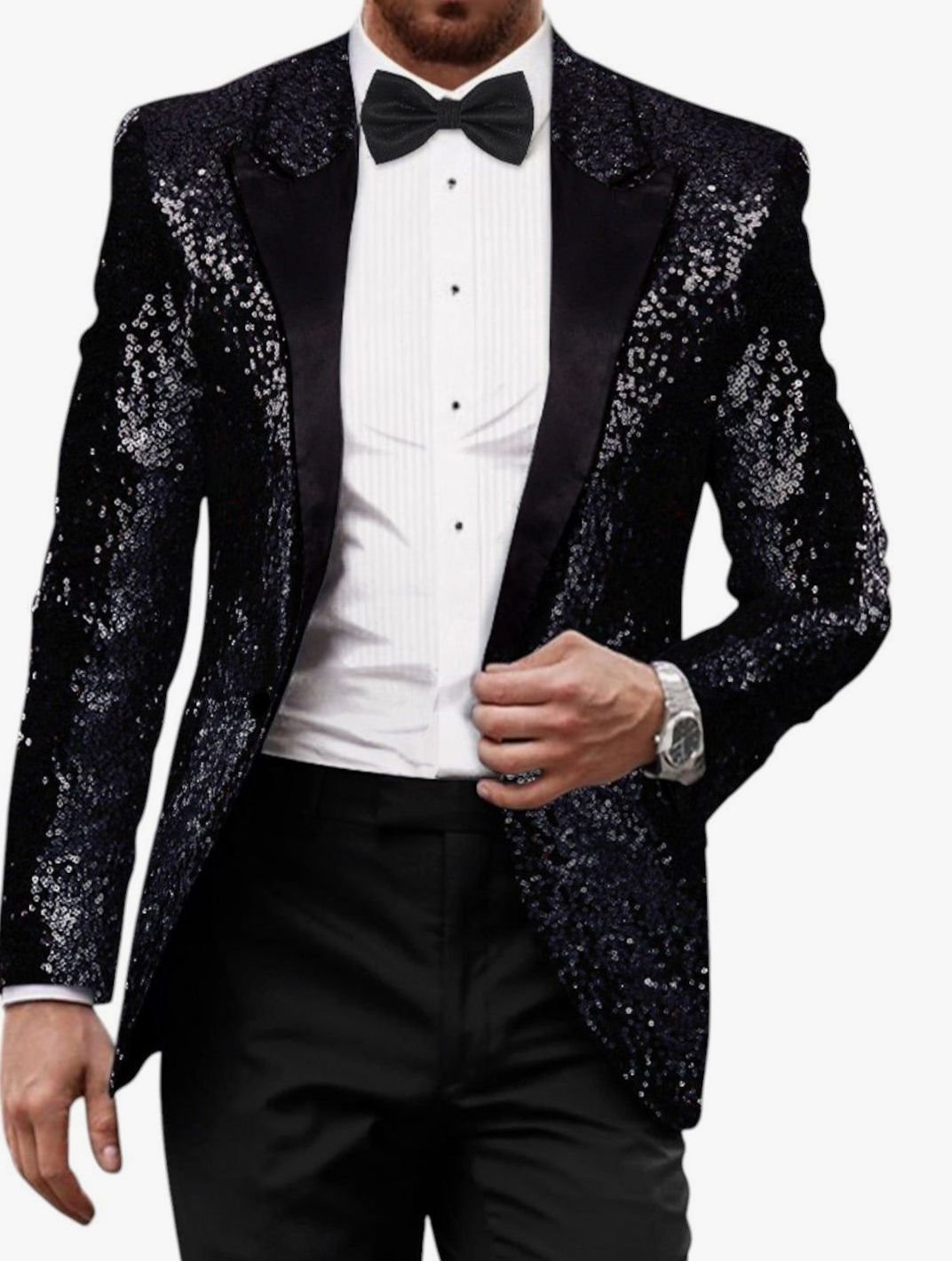 Men's Gold Sequin Peak-Lapel Evening Blazer - Black