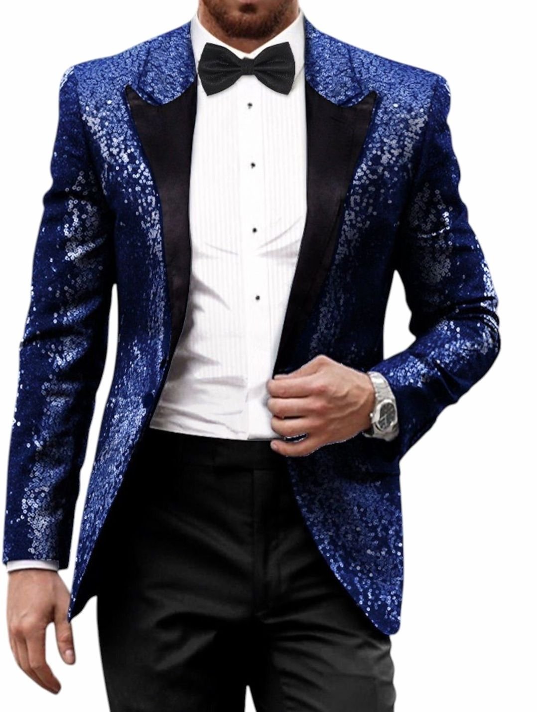 Men's Gold Sequin Peak-Lapel Evening Blazer - Blue
