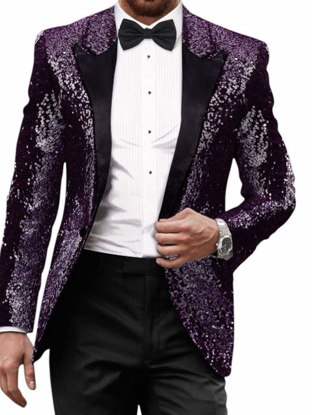 Men's Gold Sequin Peak-Lapel Evening Blazer - Purple