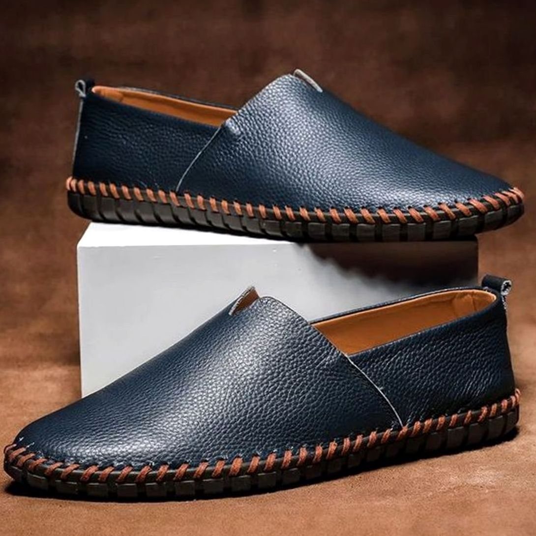 Men's Hand-Stitched Faux Leather Slip-On Loafers - Navy