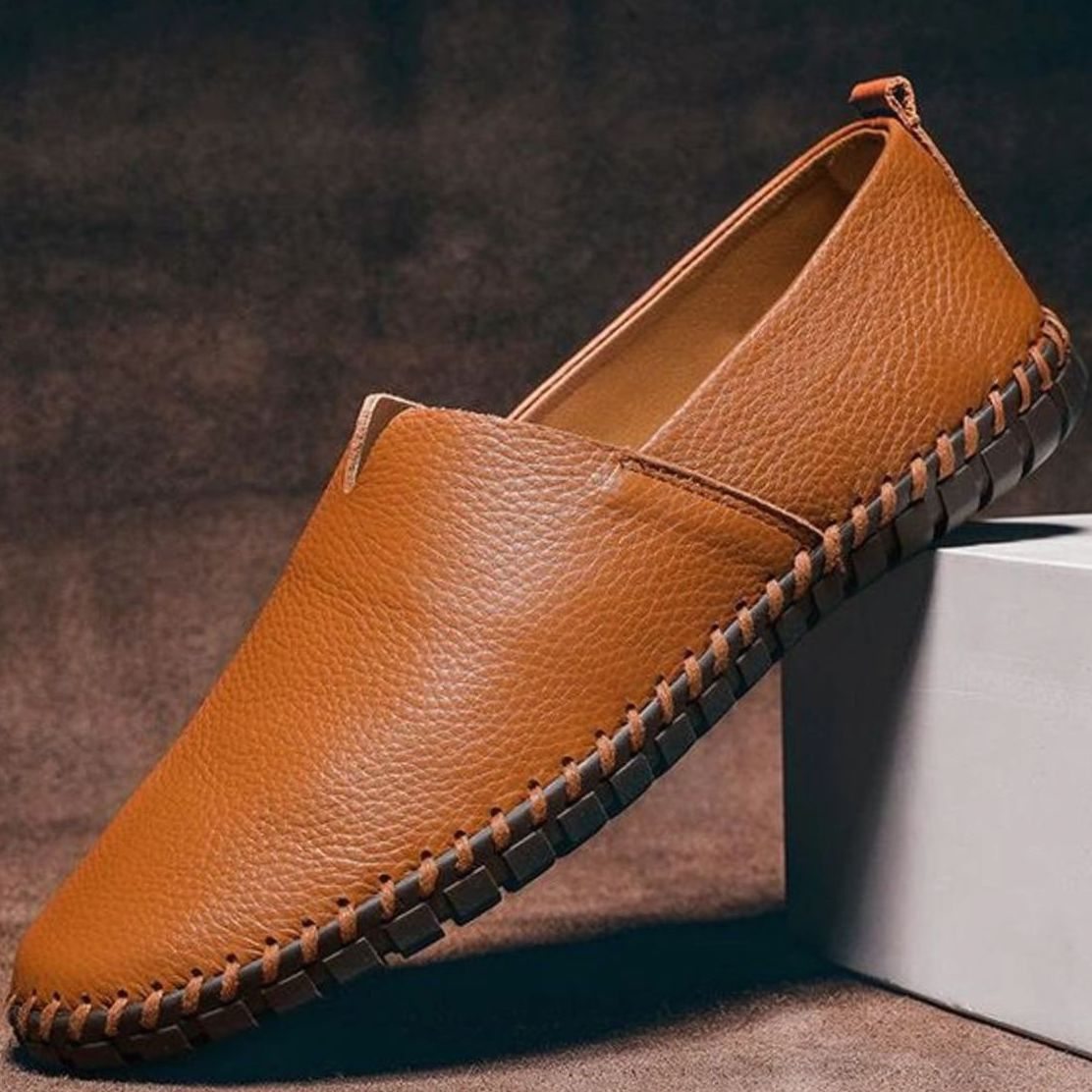 Men's Hand-Stitched Faux Leather Slip-On Loafers - Caramel