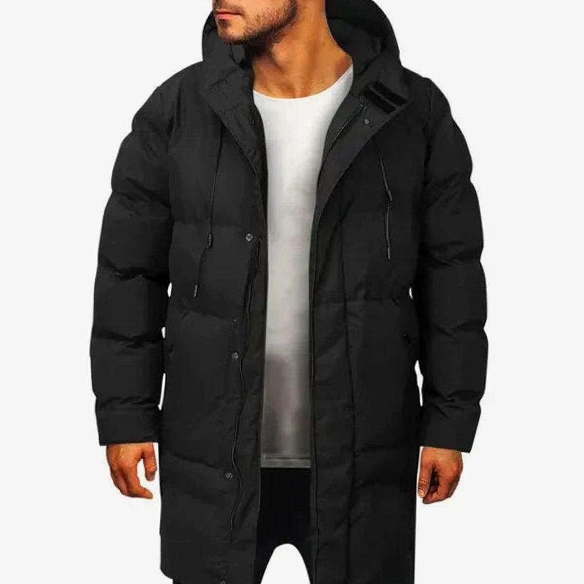 Men's Hooded Long-Line Quilted Puffer Jacket - Black