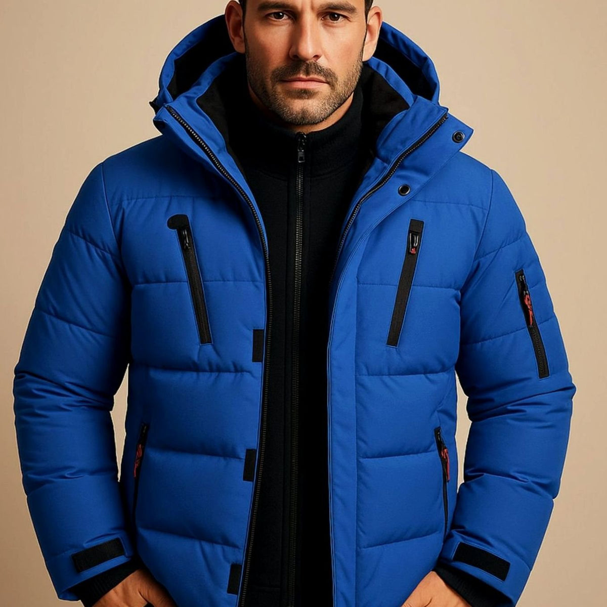 Men's Hooded Quilted Puffer Winter Jacket Full-Zip - Blue