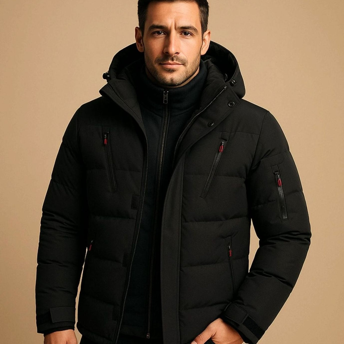 Men's Hooded Quilted Puffer Winter Jacket Full-Zip - Black