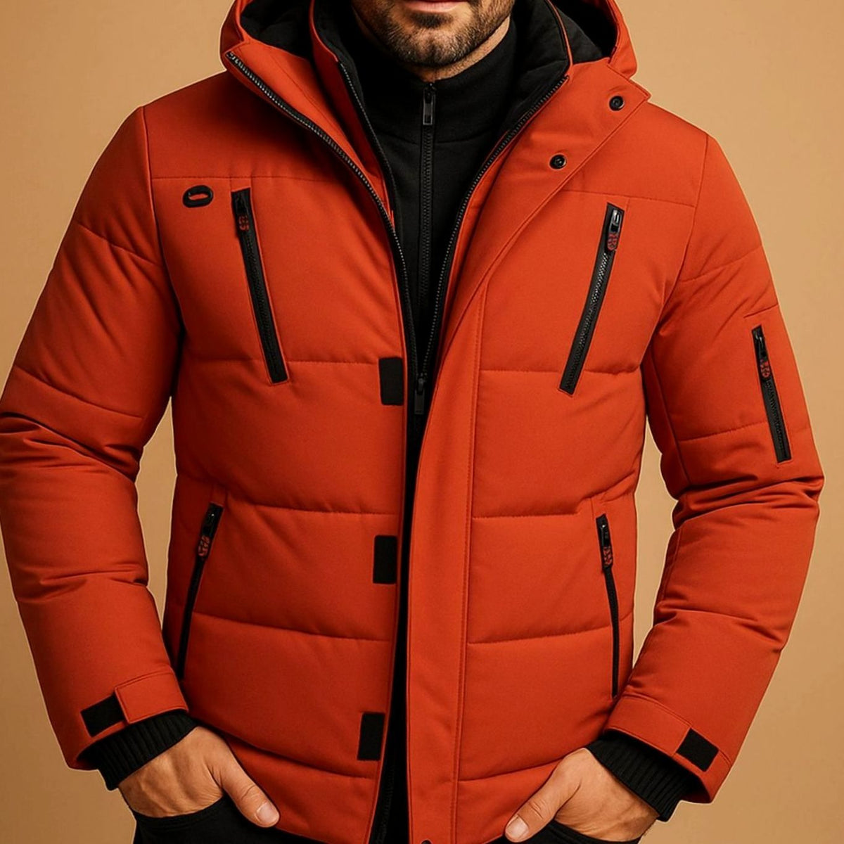 Men's Hooded Quilted Puffer Winter Jacket Full-Zip - Orange