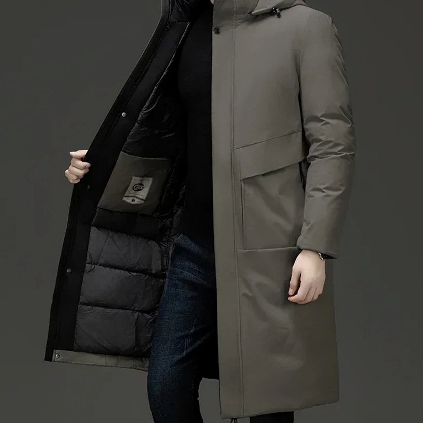 Men's Insulated Hooded Long-Line Winter Coat Full-Zip Quilted - Grey