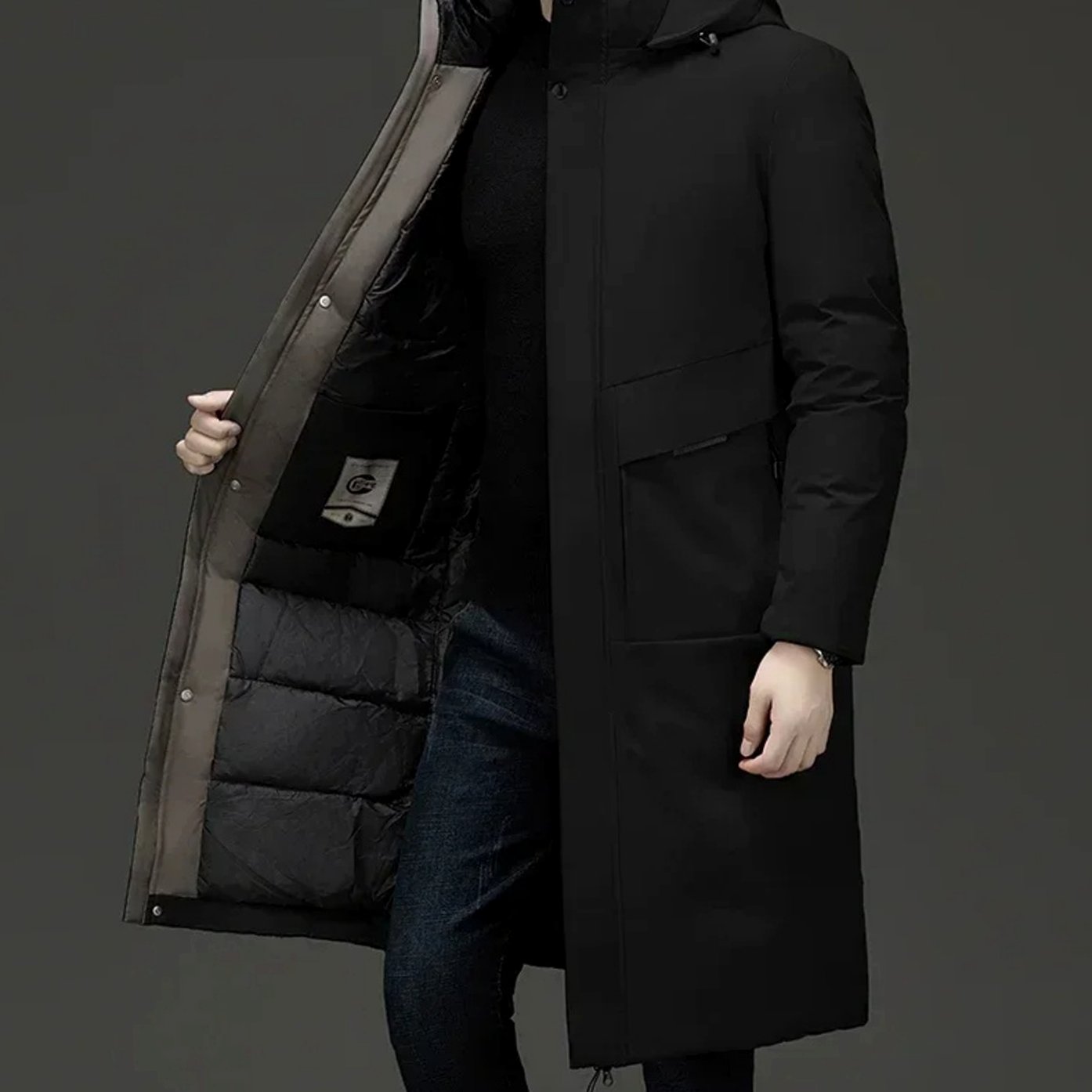 Men's Insulated Hooded Long-Line Winter Coat Full-Zip Quilted - Black