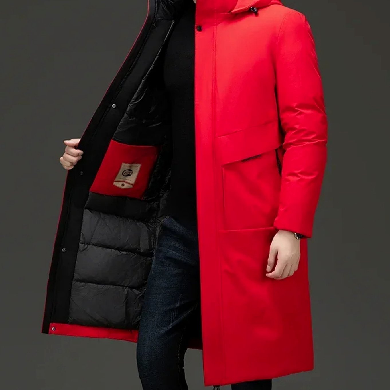 Men's Insulated Hooded Long-Line Winter Coat Full-Zip Quilted - Red