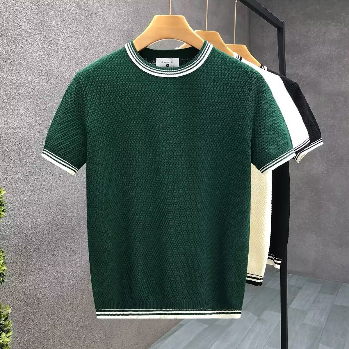 Mens Jumper Relaxed-Fit Cotton Knit Crewneck Contrast Trim - Green