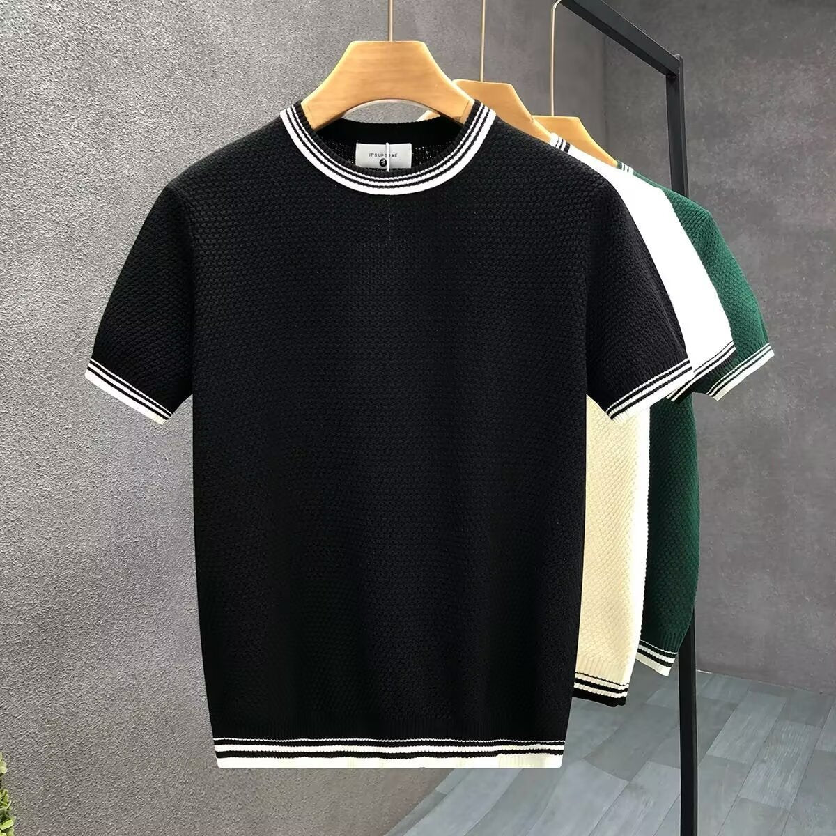Mens Jumper Relaxed-Fit Cotton Knit Crewneck Contrast Trim - Black