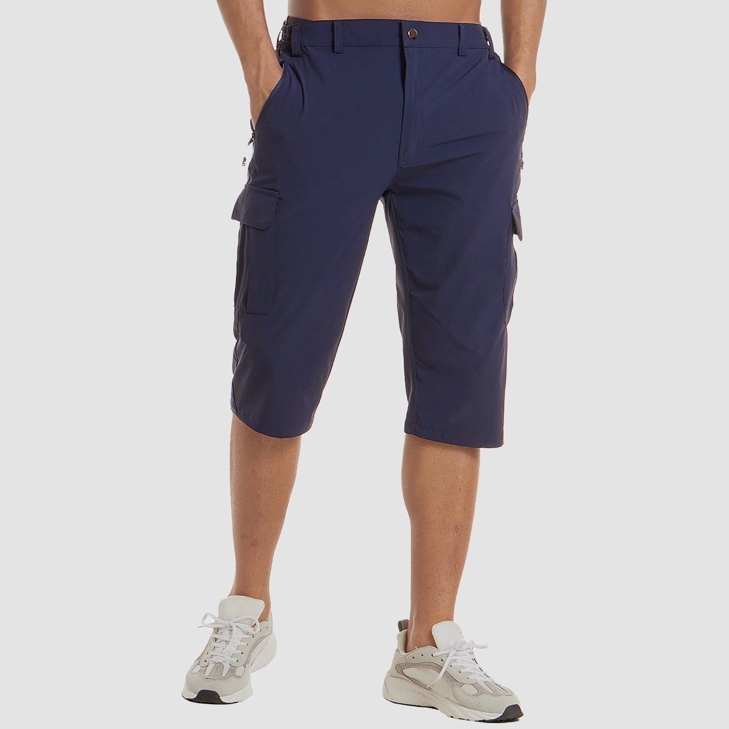 Men's Knee-Length Straight-Leg Cargo Shorts Belt Loop Button Waist - Dark Blue