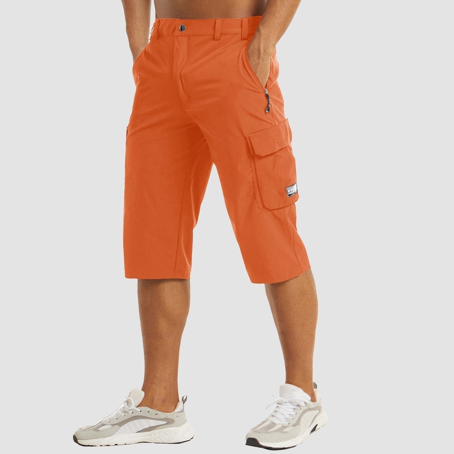 Men's Knee-Length Straight-Leg Cargo Shorts Belt Loop Button Waist - Orange