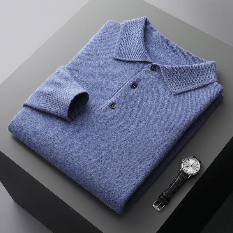 Men's Knit Long-Sleeve Three-Button Polo Jumper Regular Fit - Blue