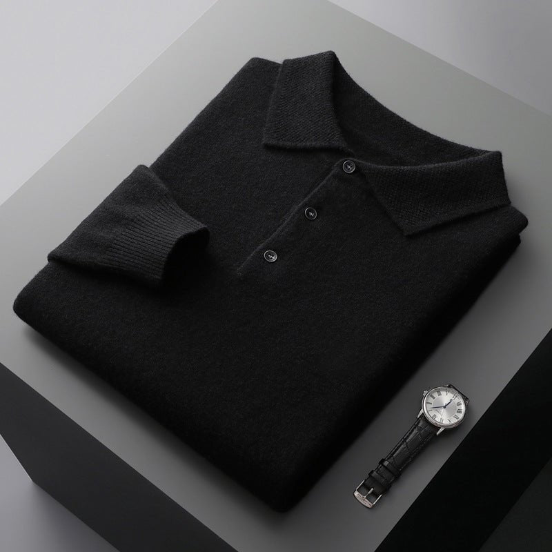 Men's Knit Long-Sleeve Three-Button Polo Jumper Regular Fit - Black