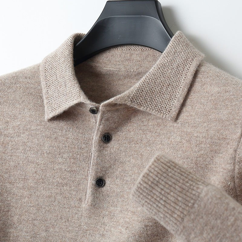 Men's Knit Long-Sleeve Three-Button Polo Jumper Regular Fit - Khaki