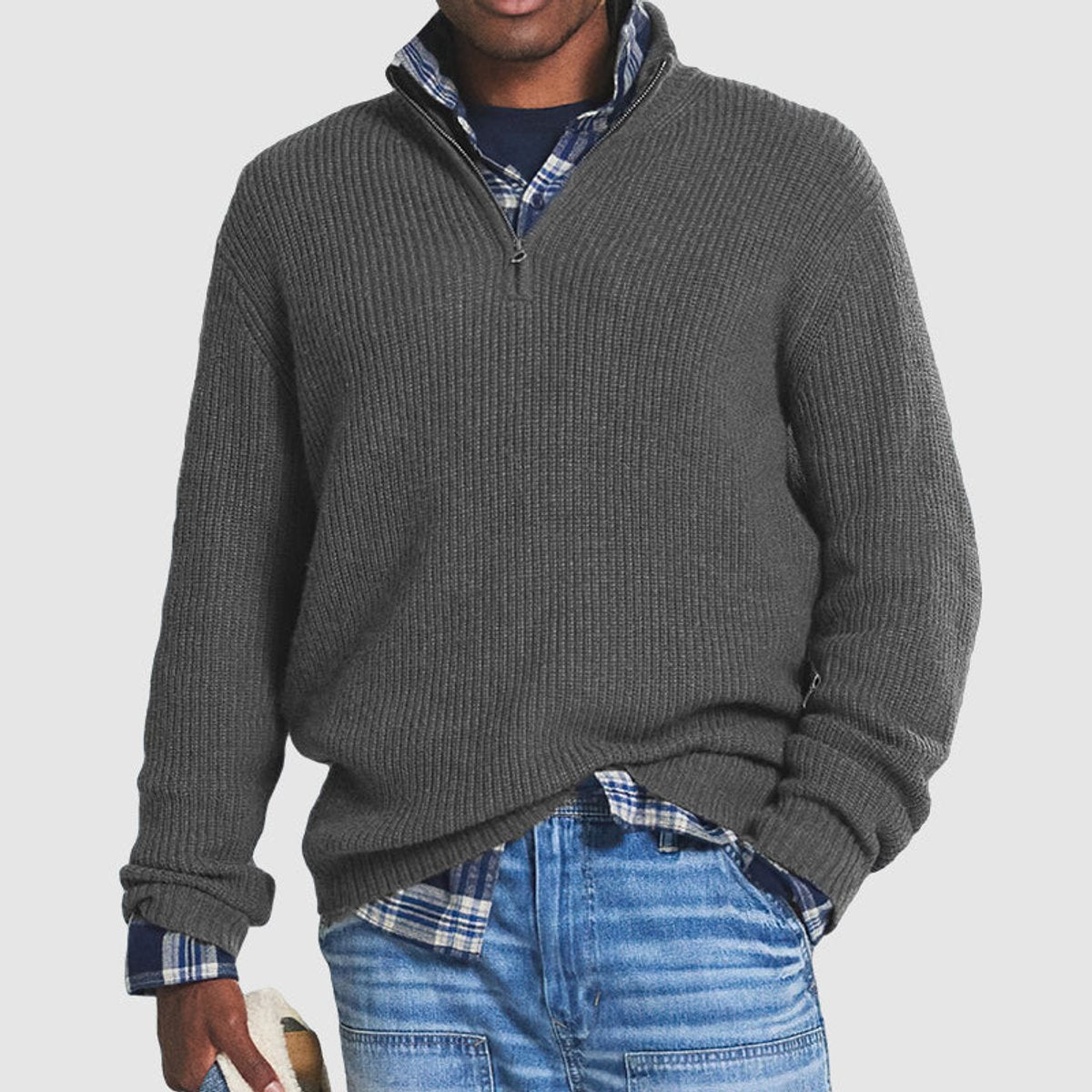 Mens Knit Sweater Quarter-Zip Ribbed Pullover Jumper - Grey