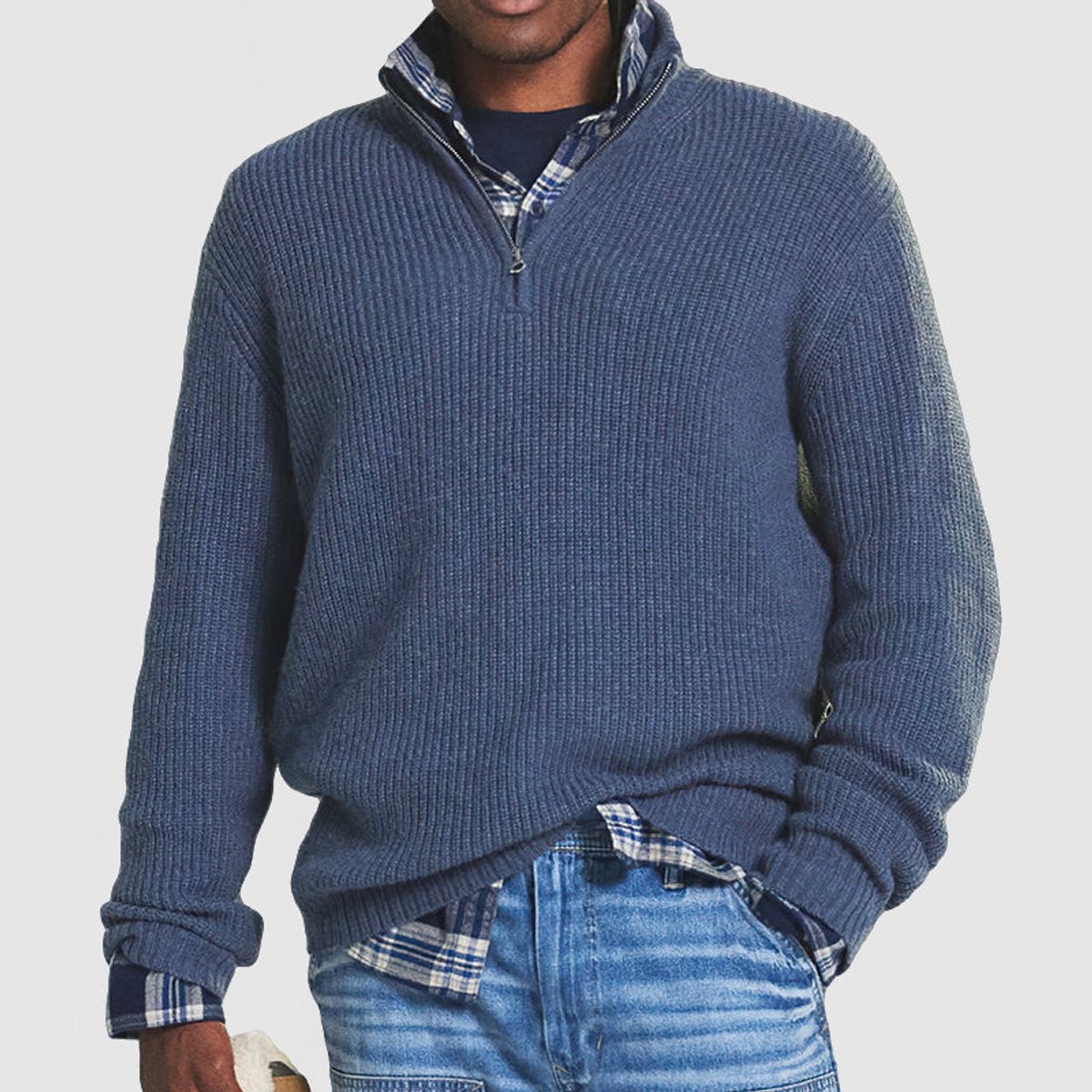 Mens Knit Sweater Quarter-Zip Ribbed Pullover Jumper - Blue