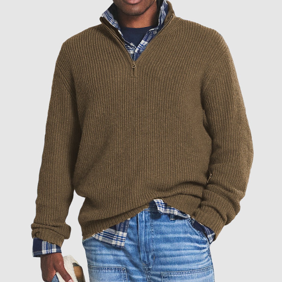 Mens Knit Sweater Quarter-Zip Ribbed Pullover Jumper - Brown
