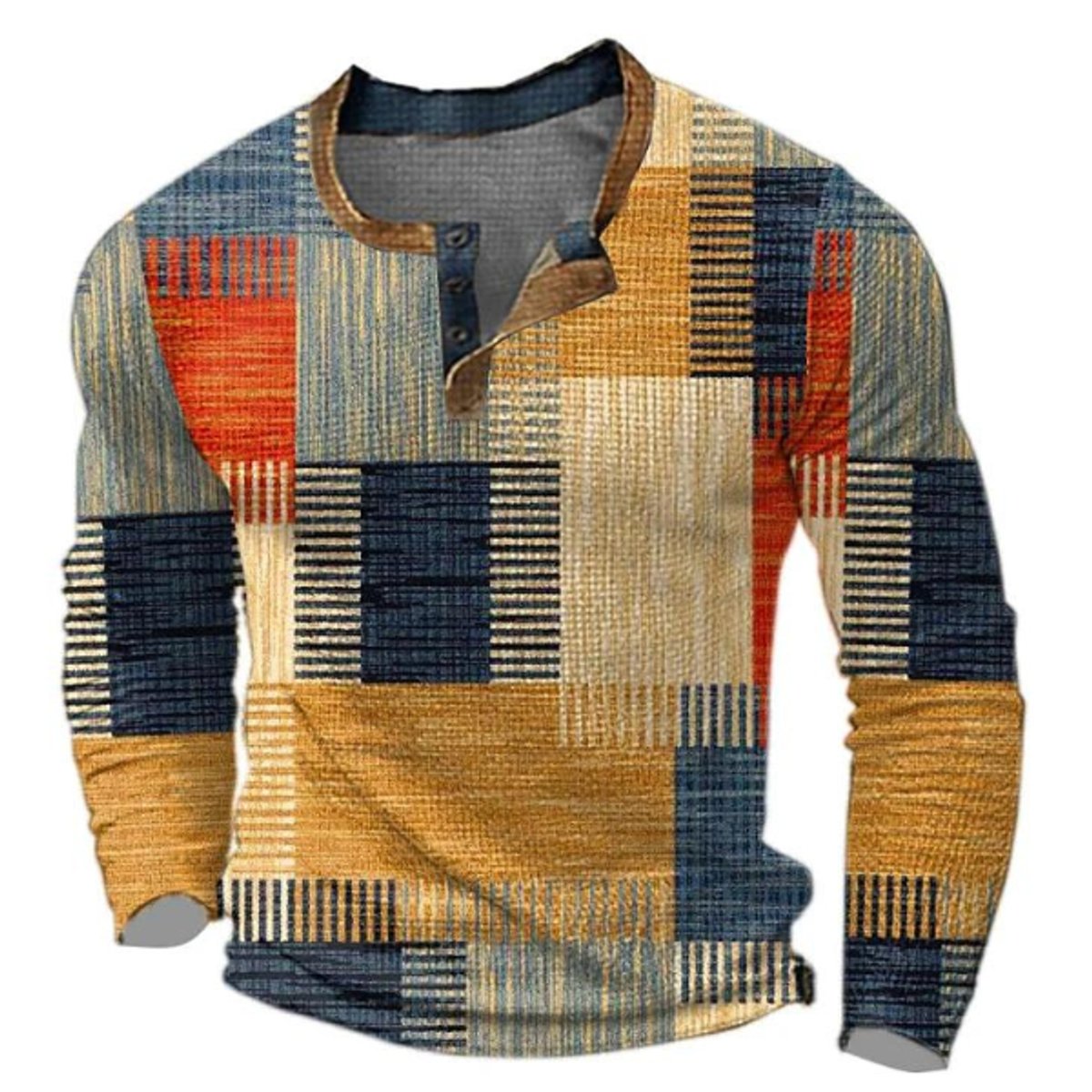 Mens Knit Sweater Retro Colourblock Henley Pullover - Orange