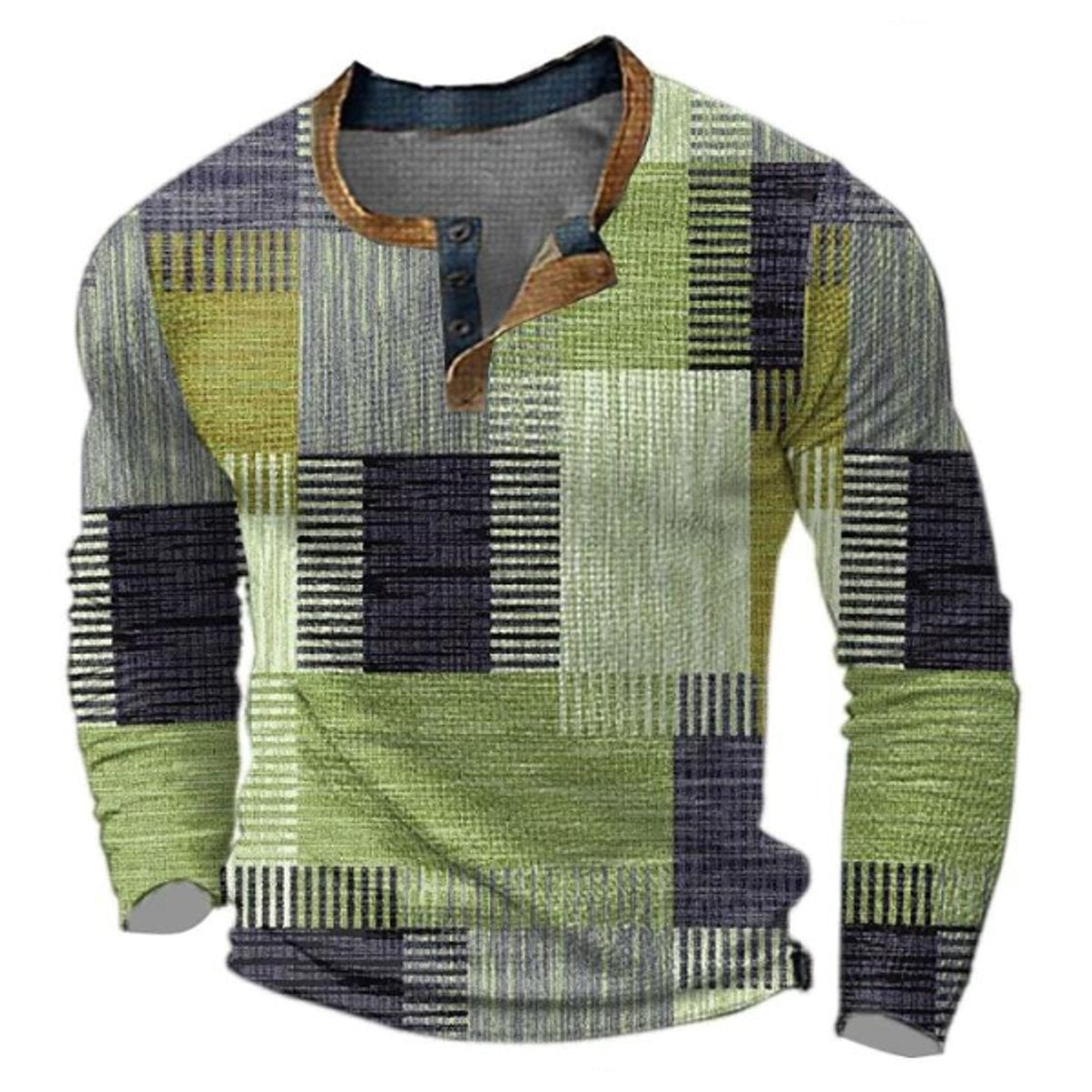 Mens Knit Sweater Retro Colourblock Henley Pullover - Green