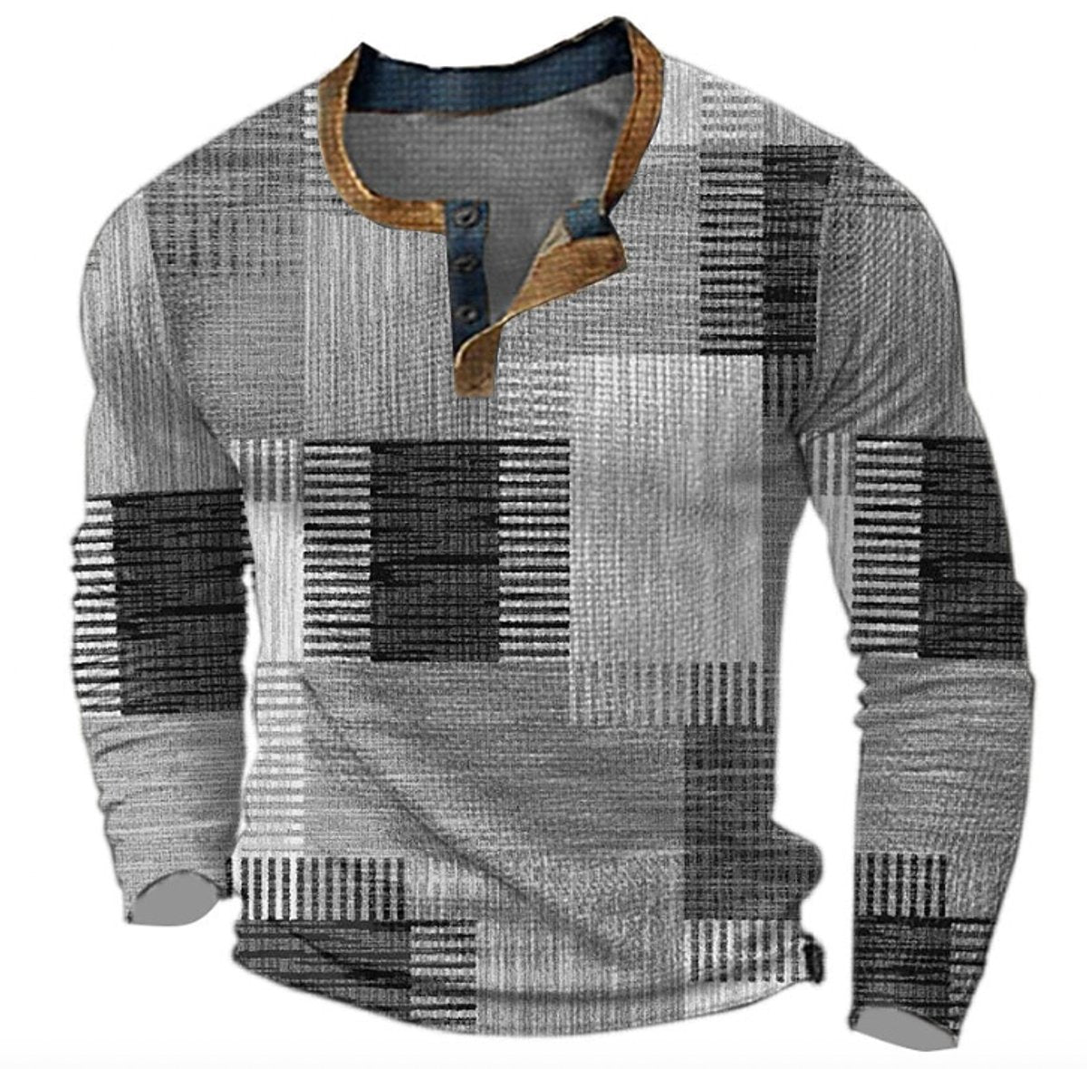 Mens Knit Sweater Retro Colourblock Henley Pullover - Grey