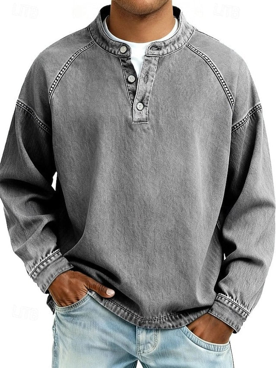 Mens Knit Sweater Retro Henley Long Sleeve Washed Pullover - Grey