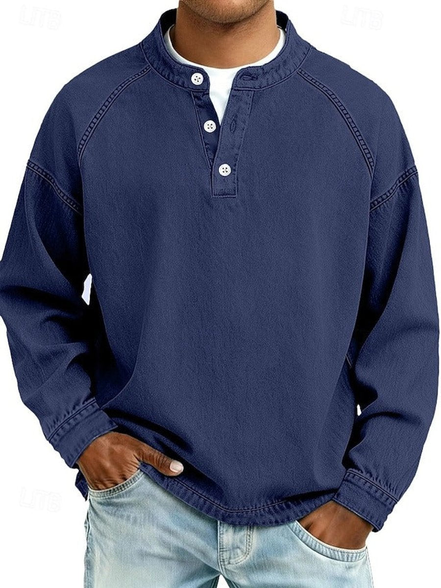 Mens Knit Sweater Retro Henley Long Sleeve Washed Pullover - Royal Blue