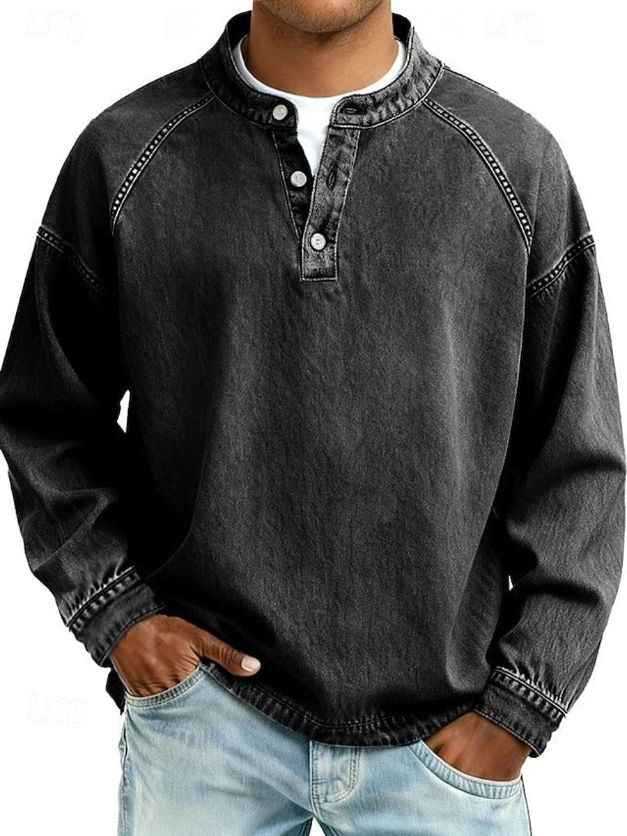 Mens Knit Sweater Retro Henley Long Sleeve Washed Pullover - Black