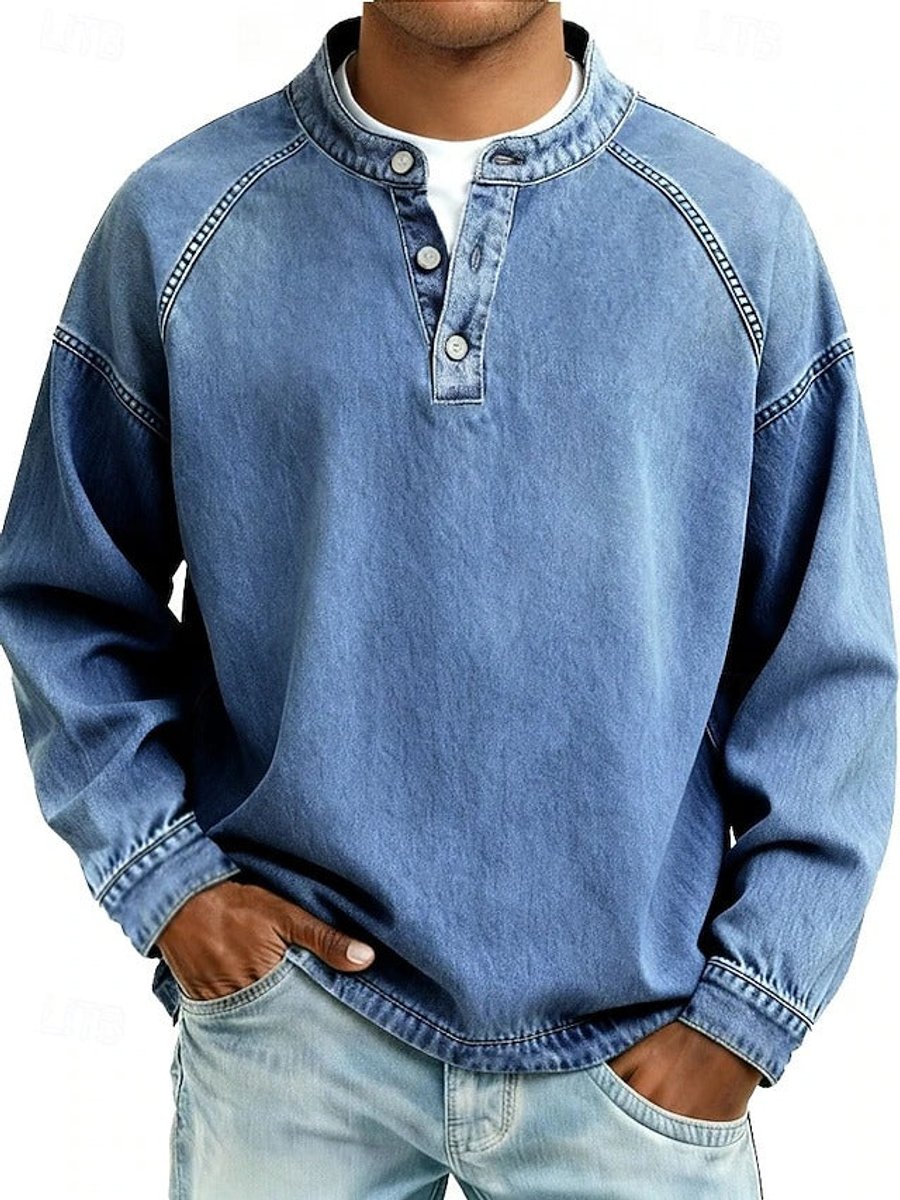 Mens Knit Sweater Retro Henley Long Sleeve Washed Pullover - Light Blue