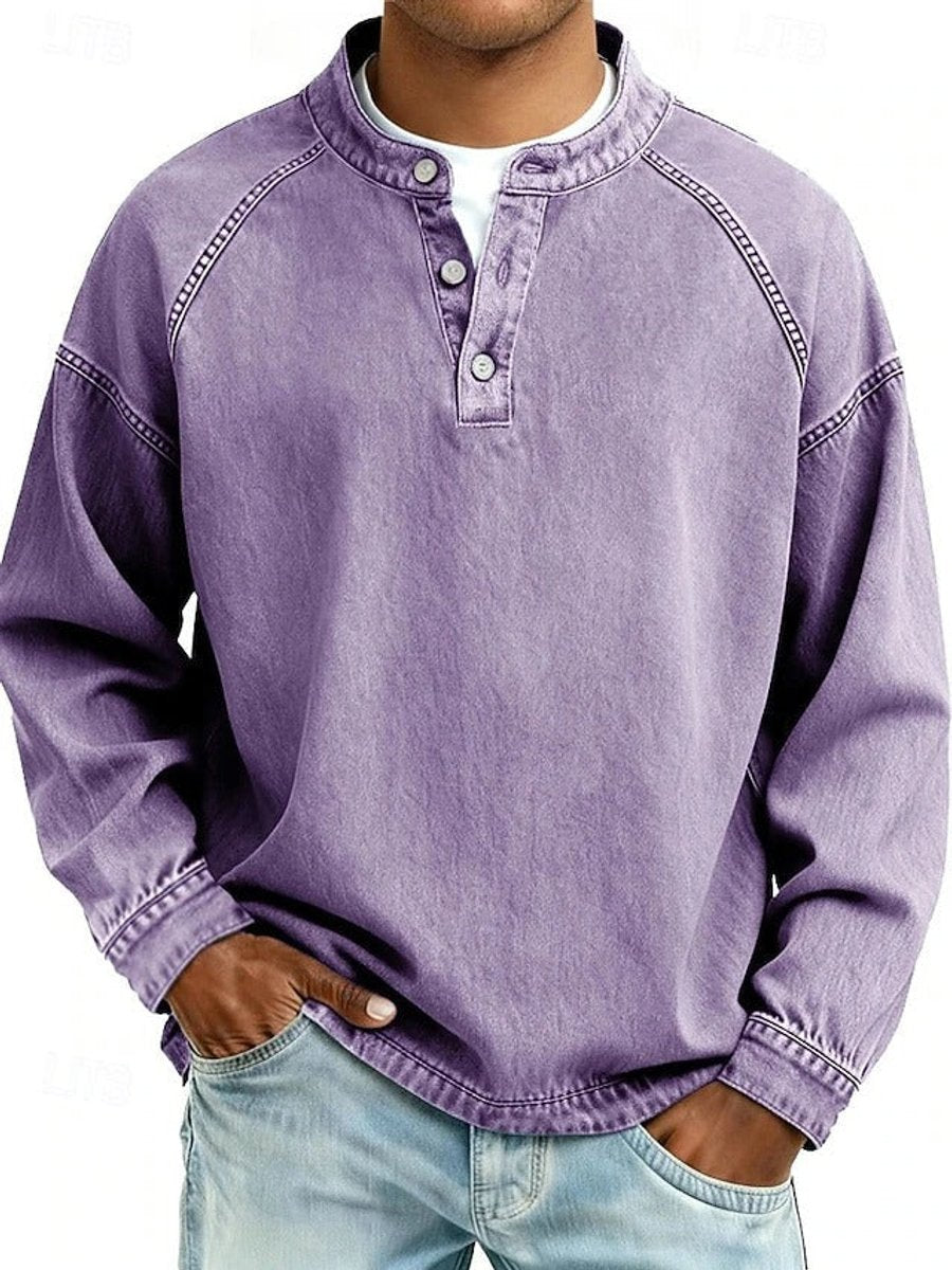 Mens Knit Sweater Retro Henley Long Sleeve Washed Pullover - Purple