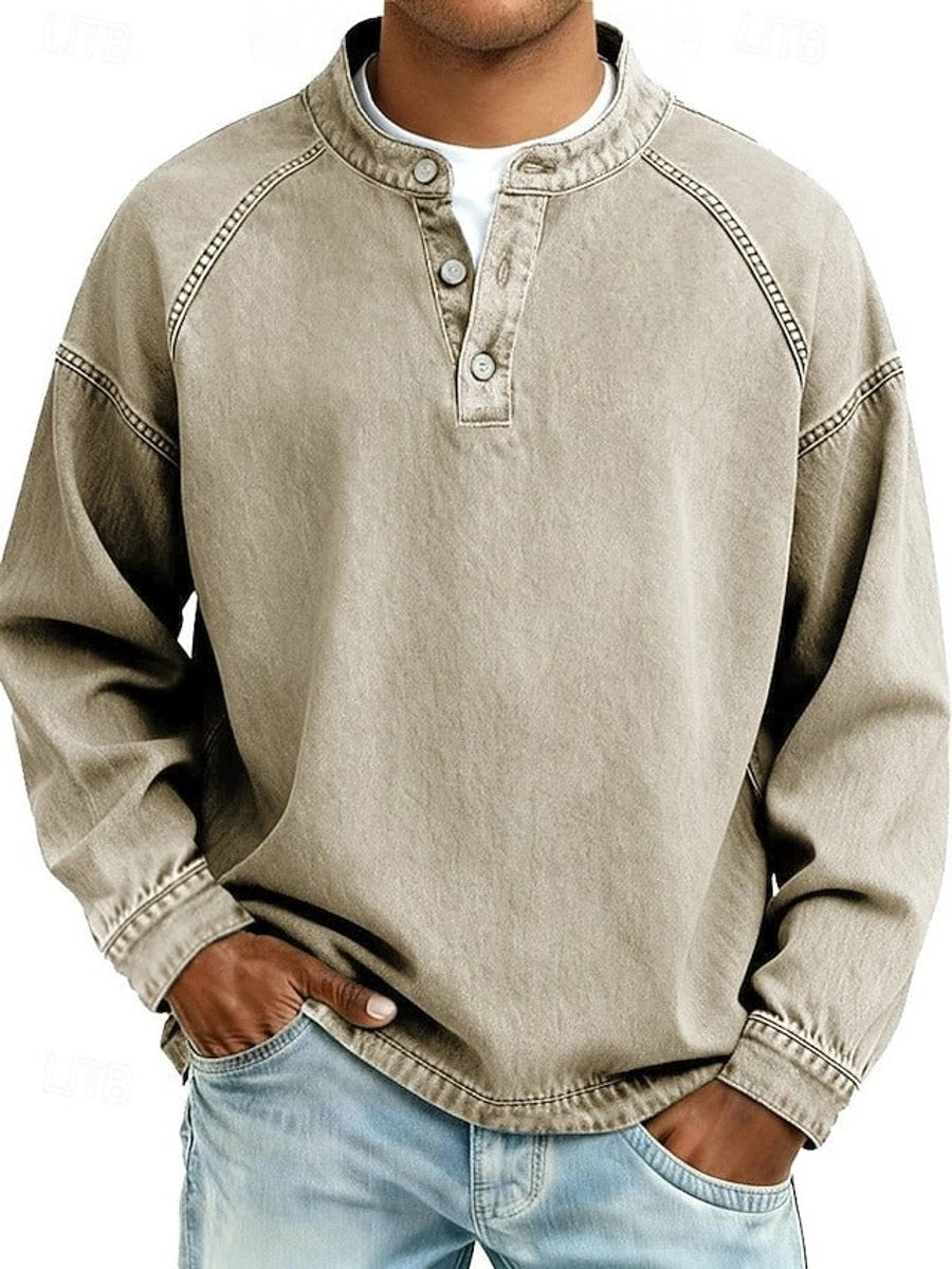 Mens Knit Sweater Retro Henley Long Sleeve Washed Pullover - Khaki