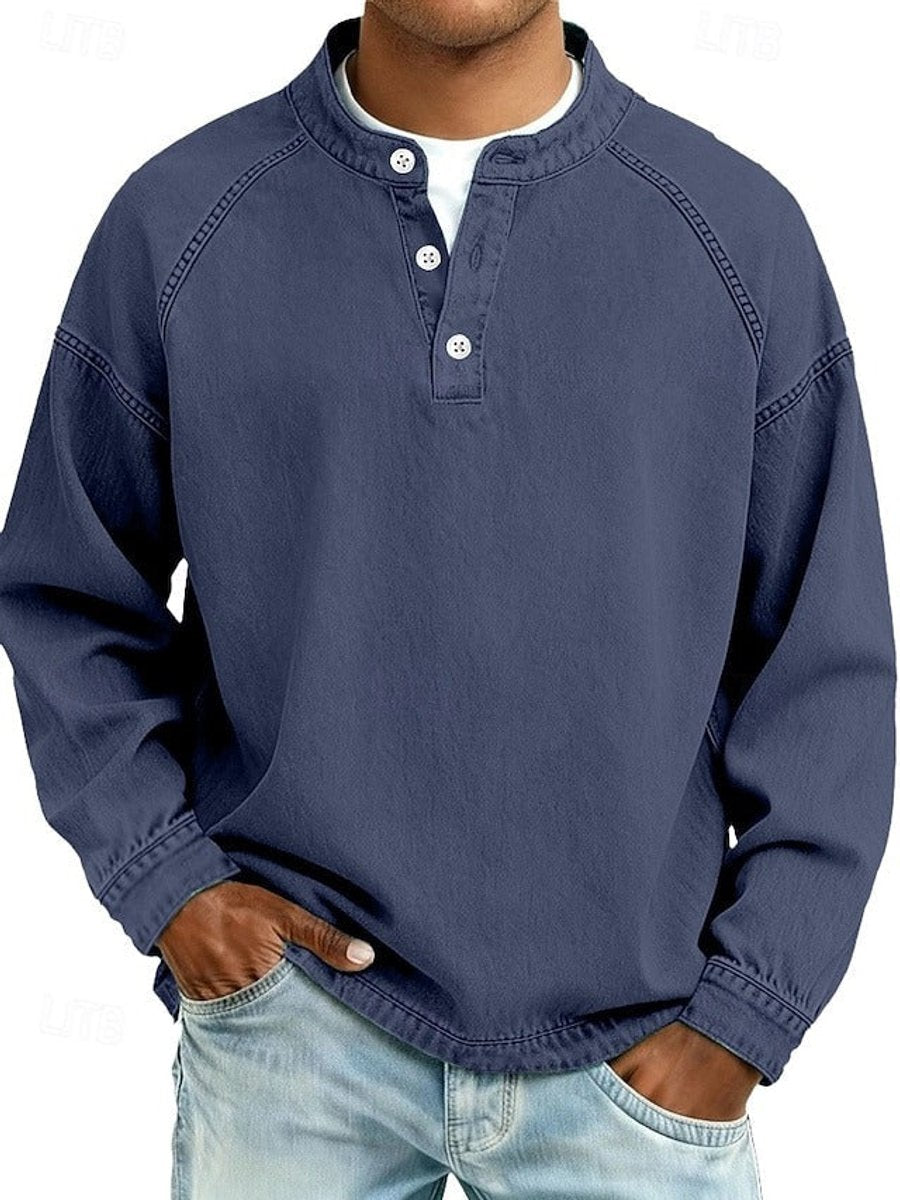 Mens Knit Sweater Retro Henley Long Sleeve Washed Pullover - Dark Blue