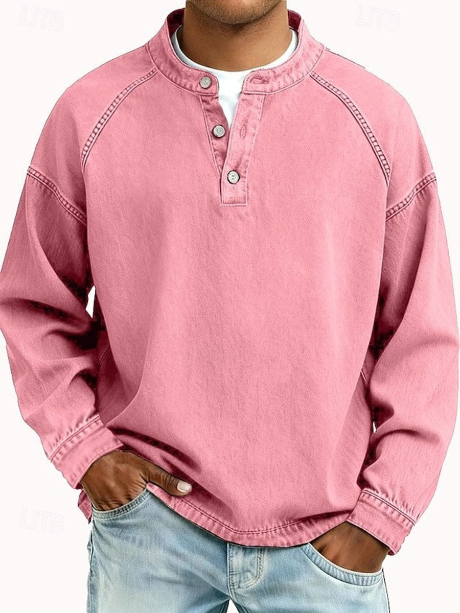Mens Knit Sweater Retro Henley Long Sleeve Washed Pullover - Pink