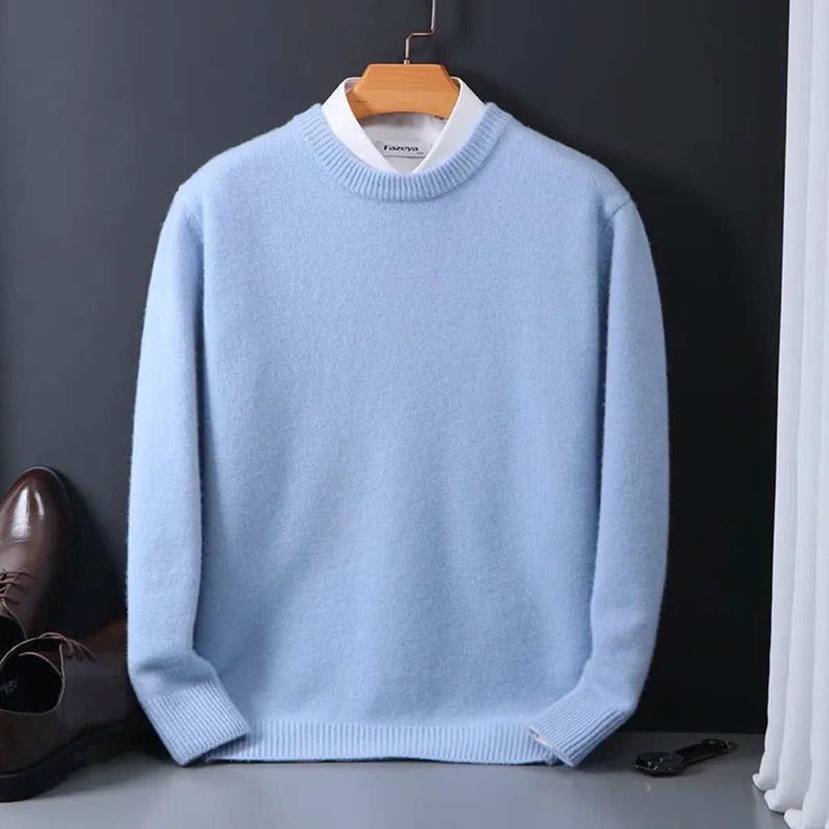 Mens Knit Sweater Soft Mohair Crew Neck Pullover Jumper