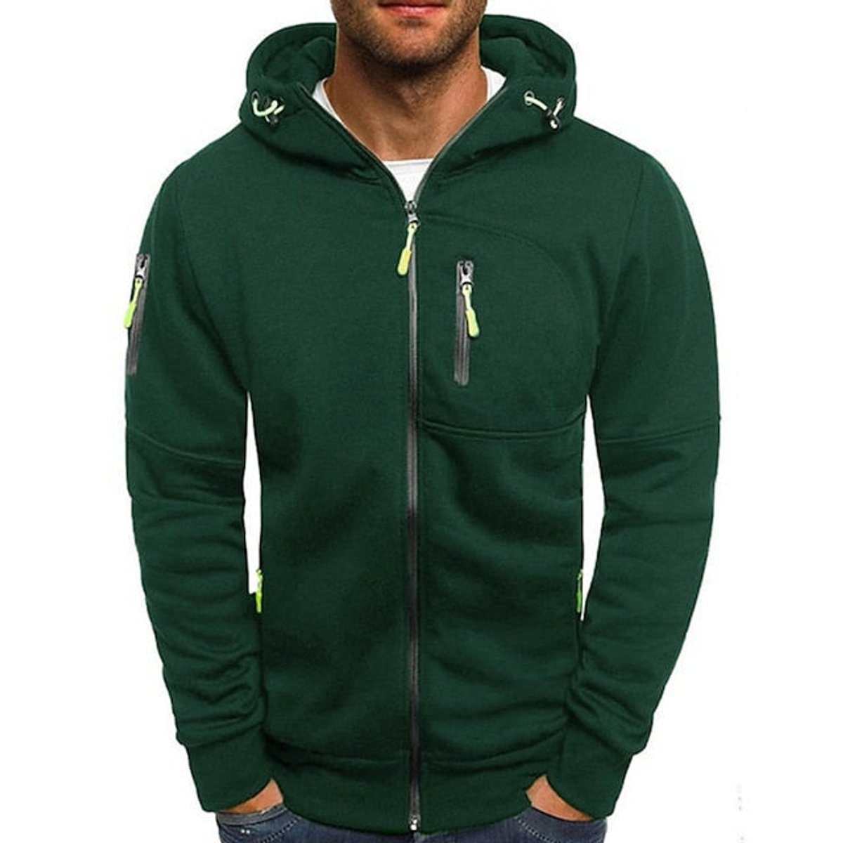 Mens Knit Sweater Zip-Up Hooded Pullover Fleece Hoodie - Green