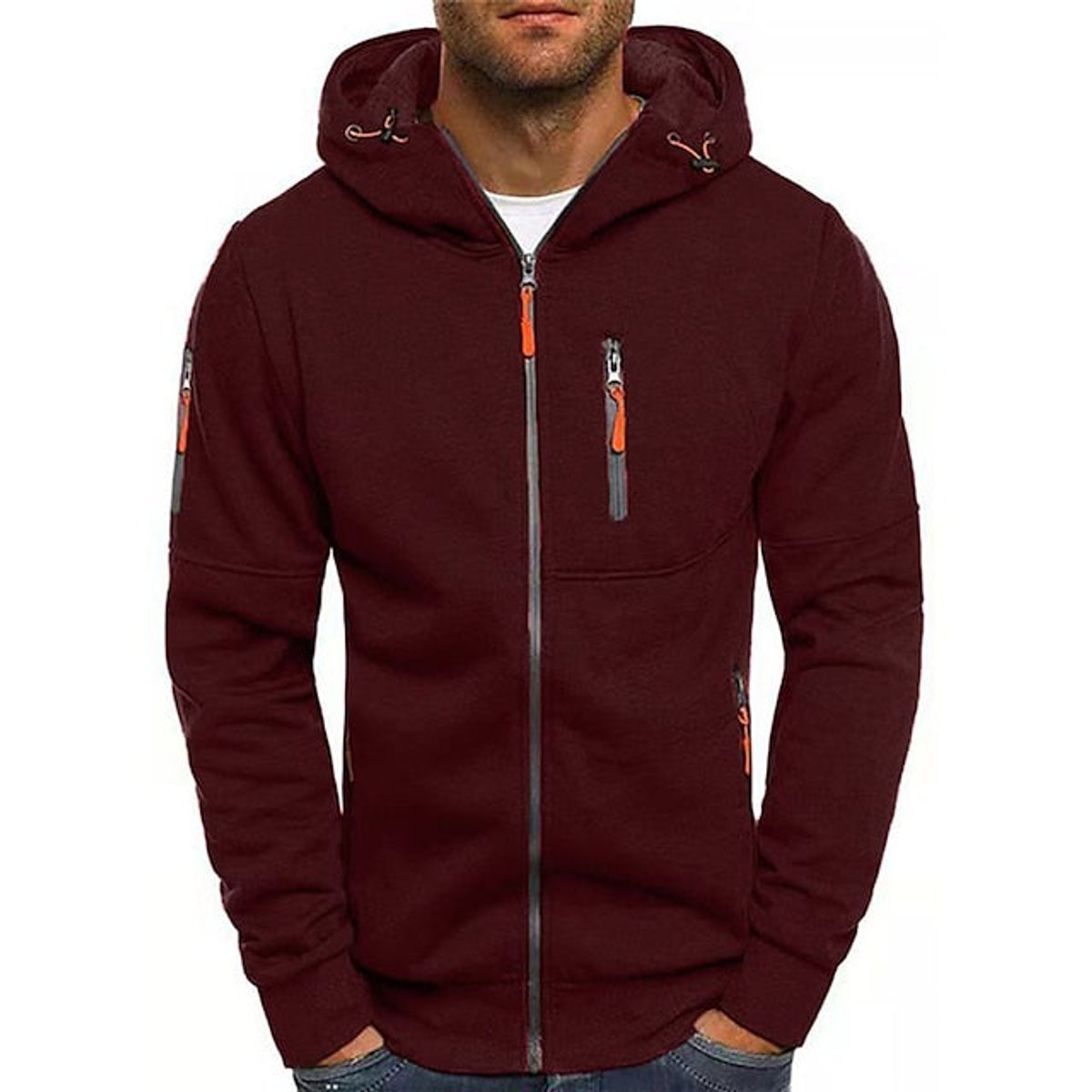 Mens Knit Sweater Zip-Up Hooded Pullover Fleece Hoodie - Wine Red