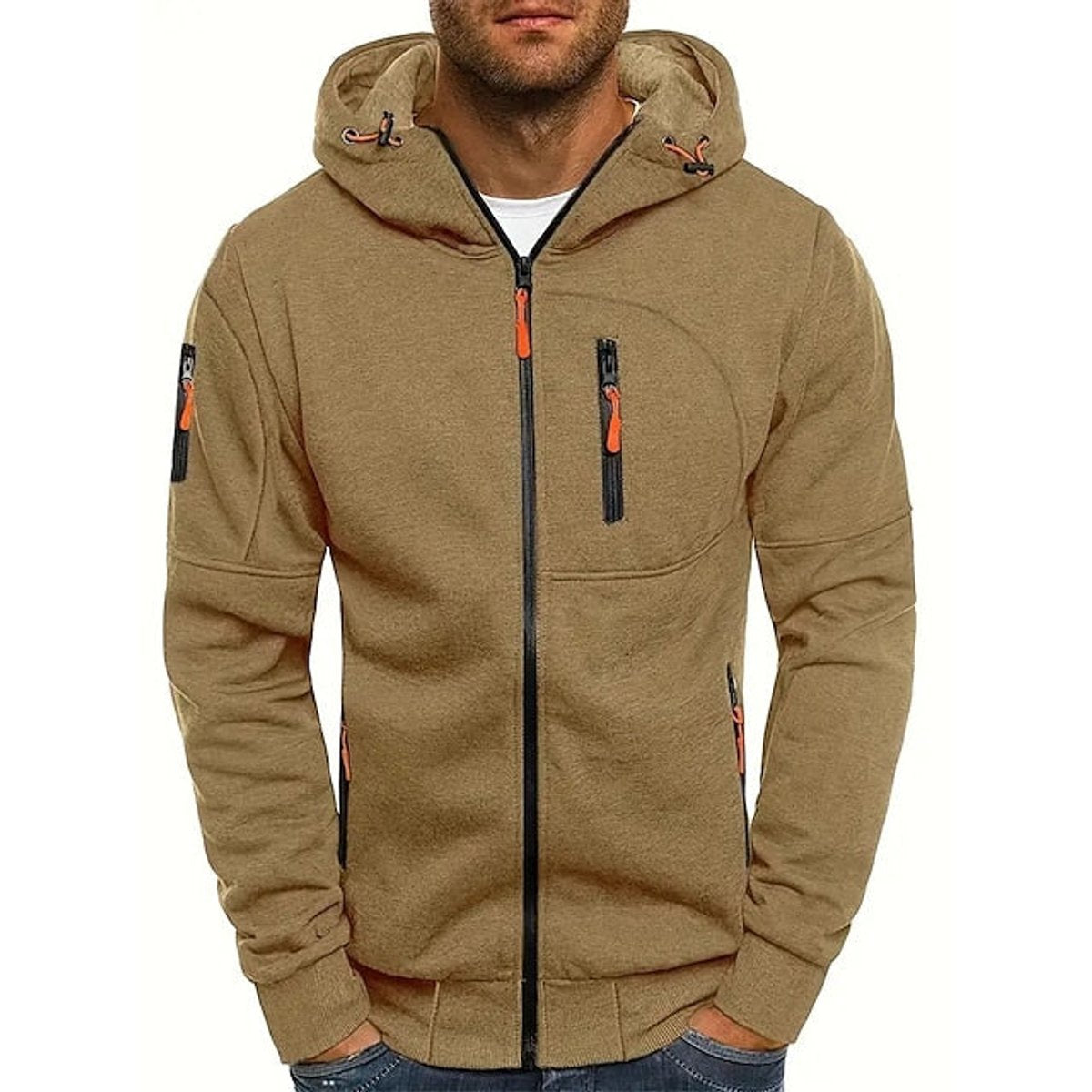 Mens Knit Sweater Zip-Up Hooded Pullover Fleece Hoodie - Khaki