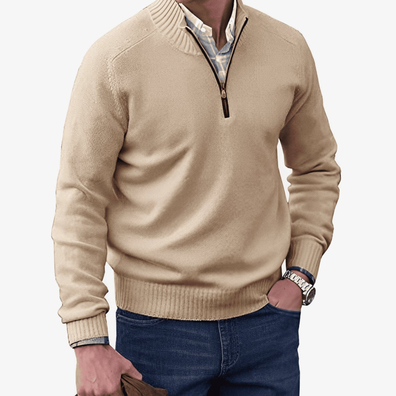 Men's Knitted Half-Zip Pullover Jumper Ribbed Collar - Brown