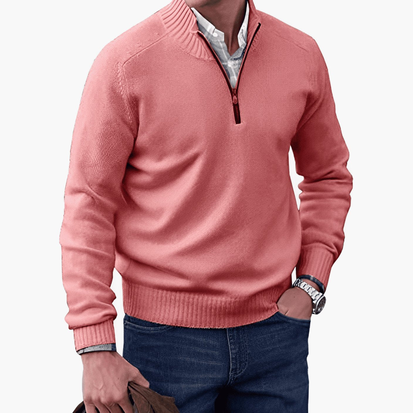 Men's Knitted Half-Zip Pullover Jumper Ribbed Collar - Pink