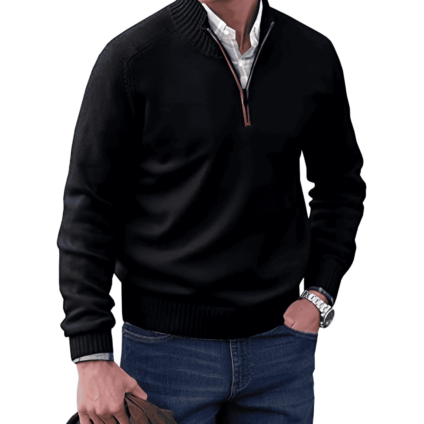 Men's Knitted Half-Zip Pullover Jumper Ribbed Collar - Black