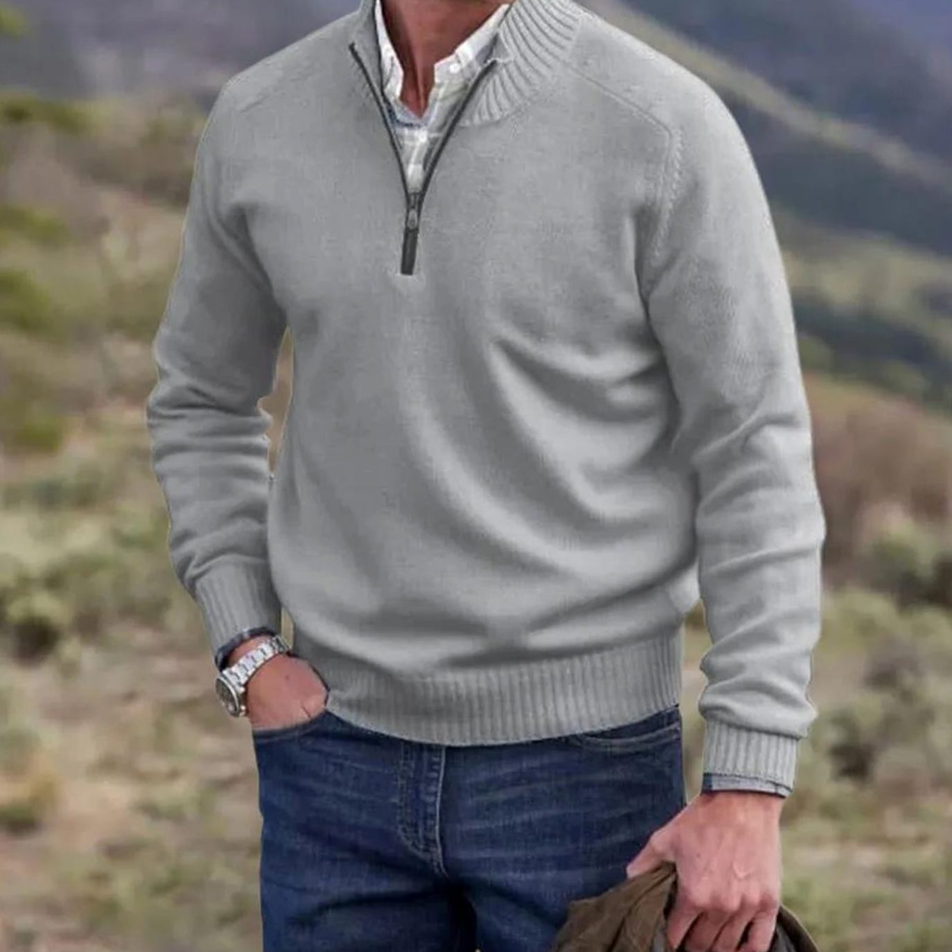 Men's Knitted Half-Zip Pullover Jumper Ribbed Collar