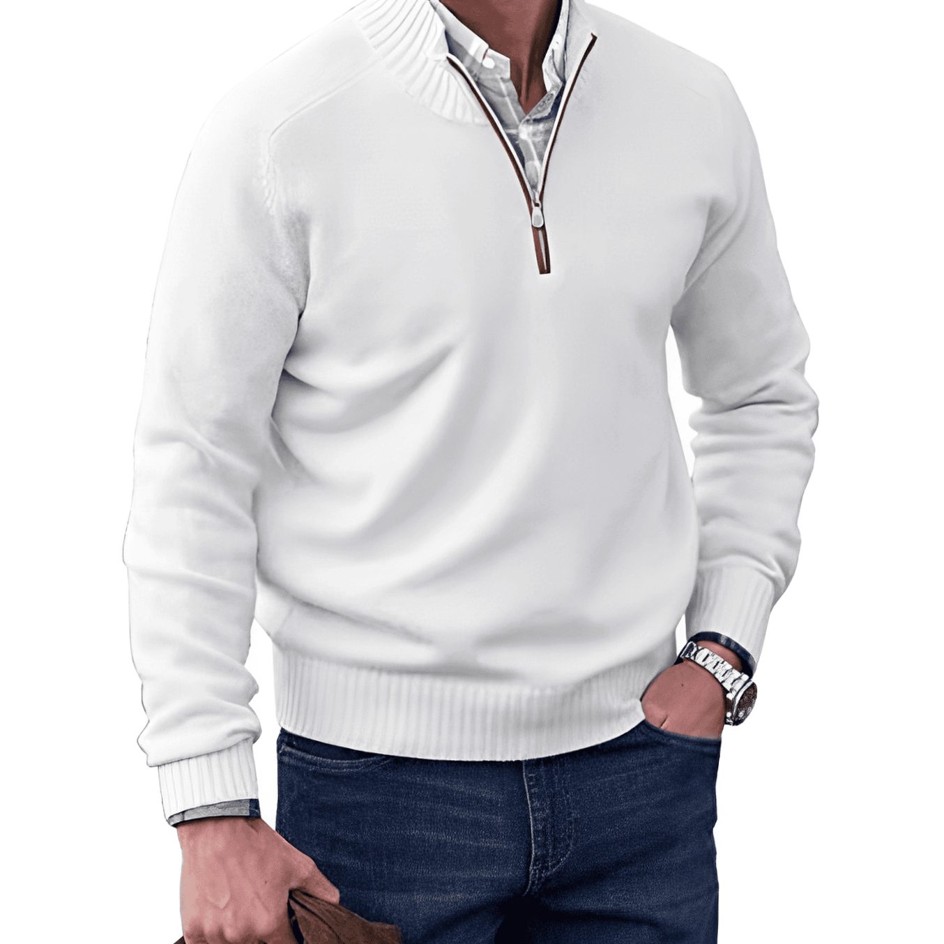 Men's Knitted Half-Zip Pullover Jumper Ribbed Collar - White