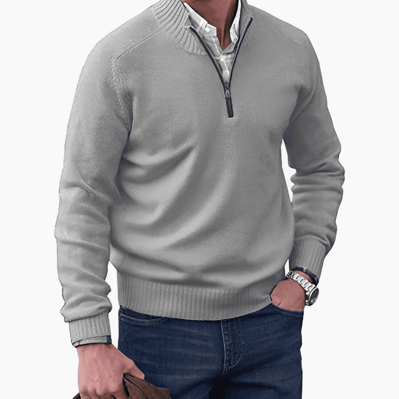 Men's Knitted Half-Zip Pullover Jumper Ribbed Collar - Light Grey