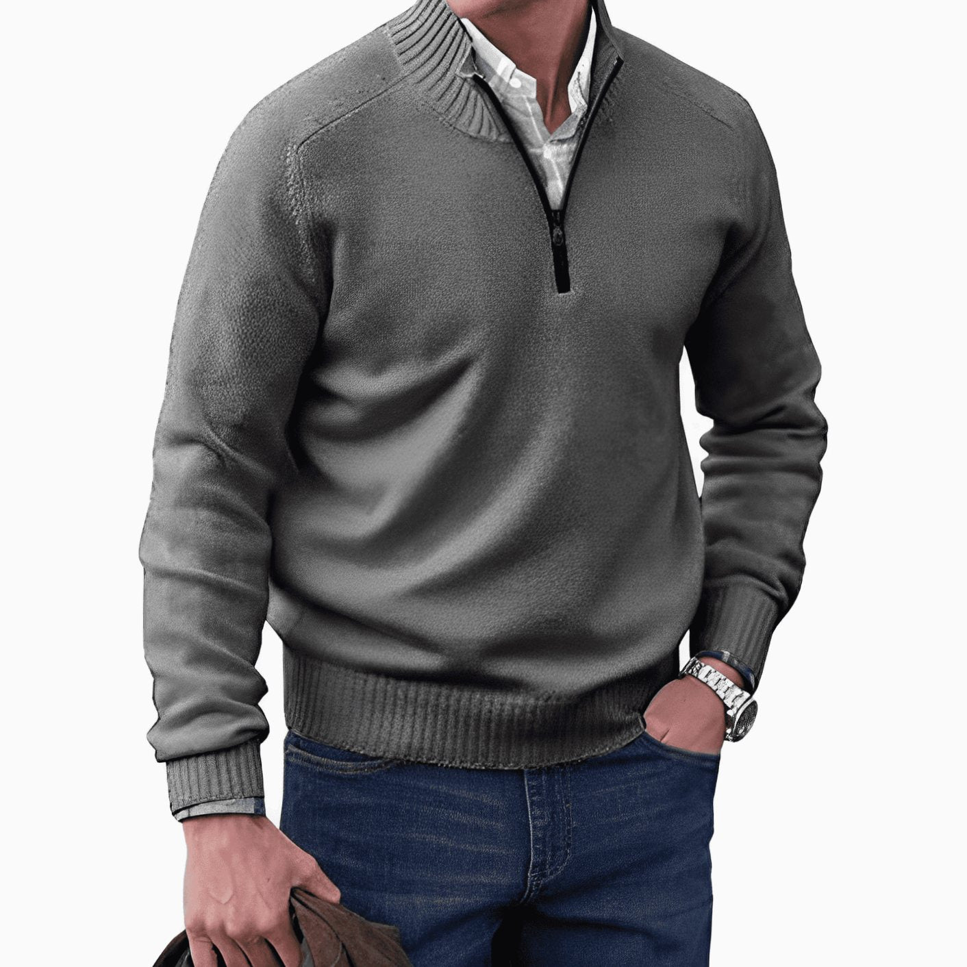 Men's Knitted Half-Zip Pullover Jumper Ribbed Collar - Dark Grey