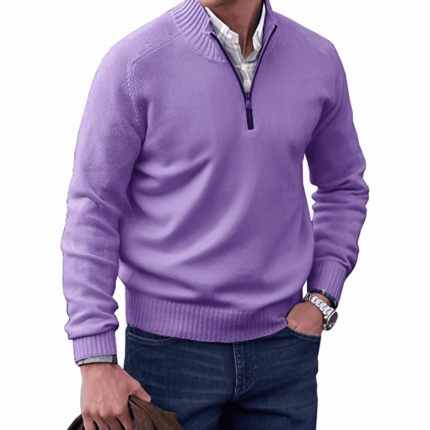 Men's Knitted Half-Zip Pullover Jumper Ribbed Collar - Purple