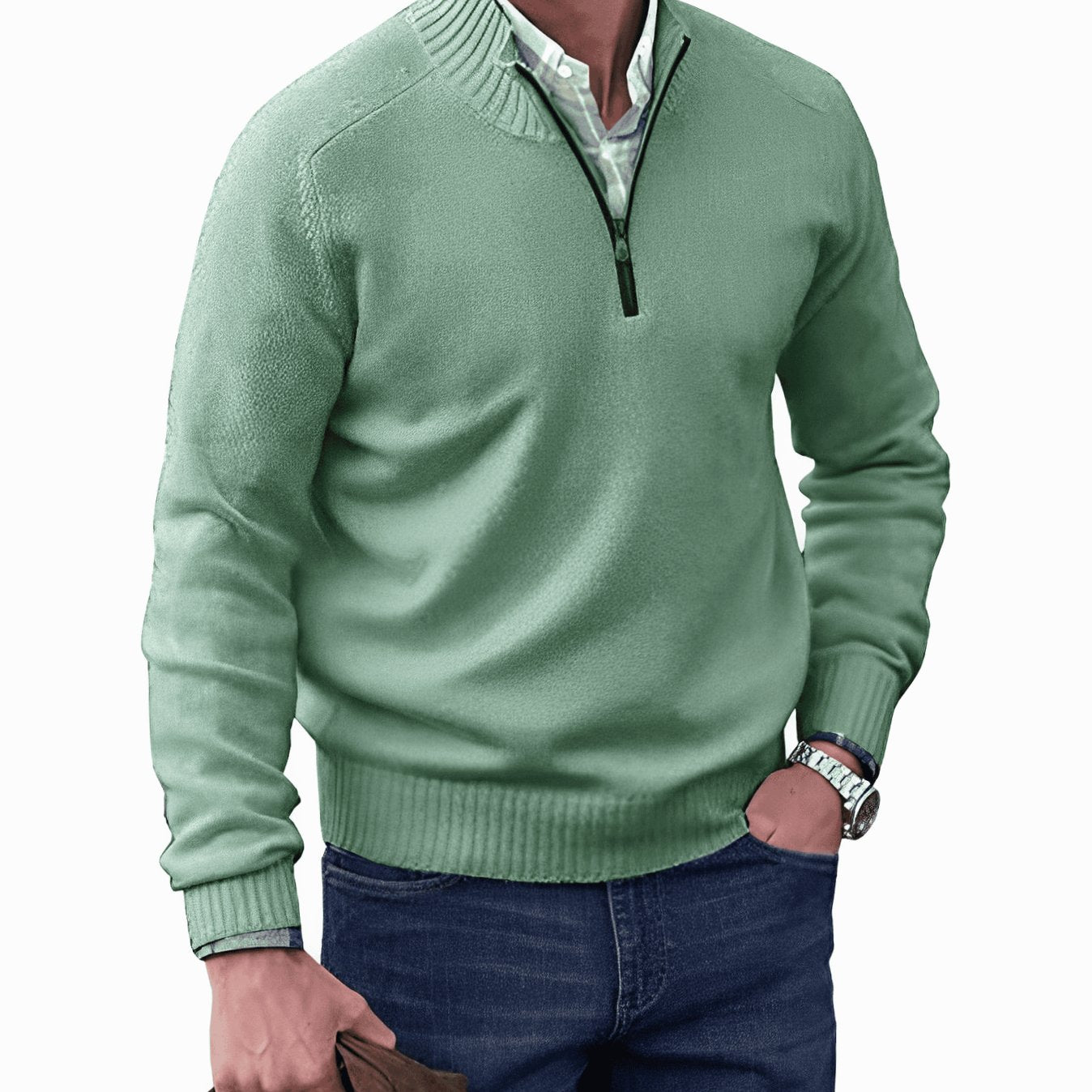 Men's Knitted Half-Zip Pullover Jumper Ribbed Collar - Green