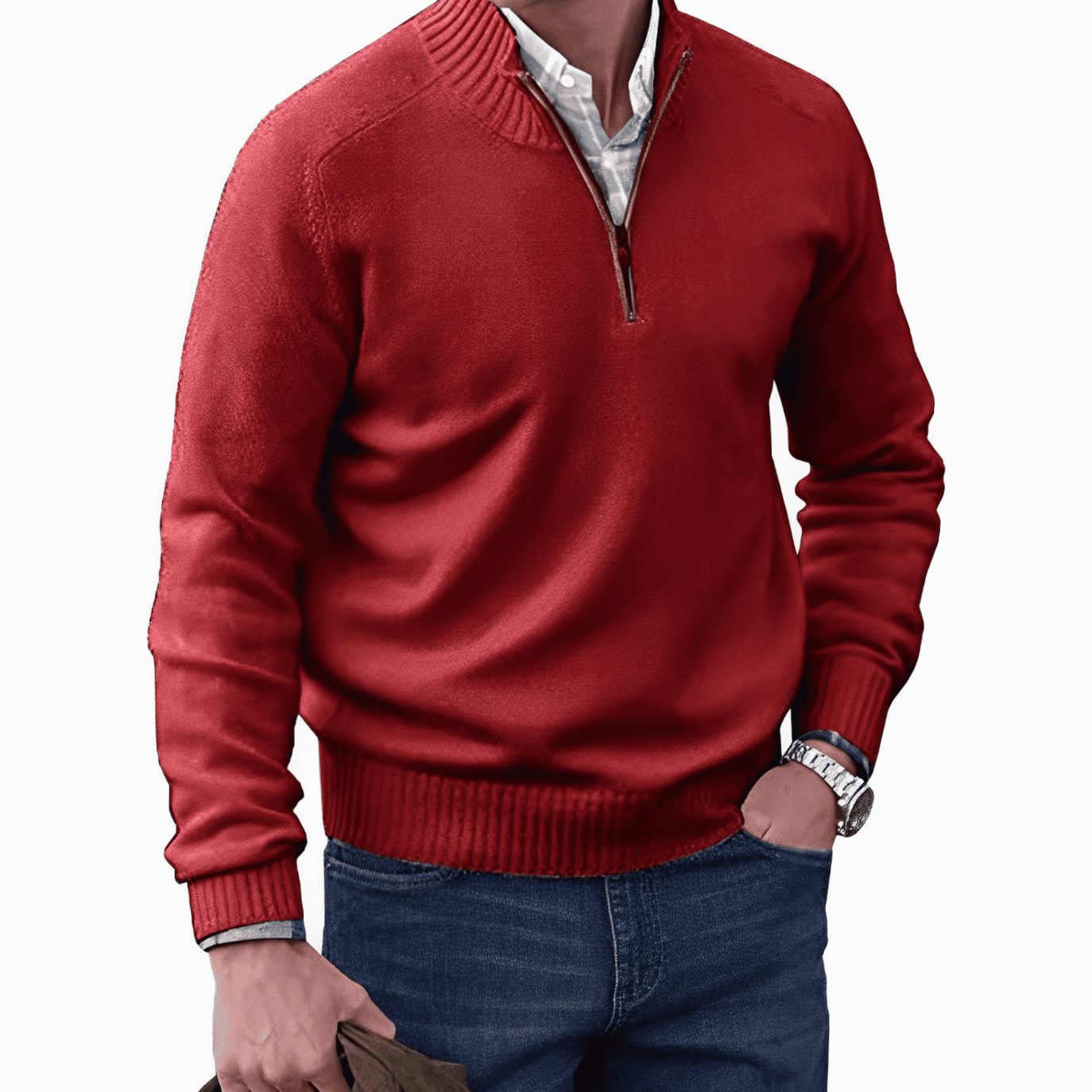 Men's Knitted Half-Zip Pullover Jumper Ribbed Collar - Red